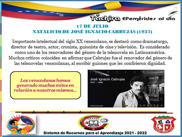 #17Julio Natalicio de José Ignacio Cabrujas (1937) "Mitos y Creencias de Nosotros Mismos". Desde el <a href="/lnamd1968/">LNAMD1968</a> Estado #Tachira Municipio #Jauregui La Grita
@MPPEDUCACION 
<a href="/FreddyBernal/">Freddy Bernal</a> 
@ZonaEducTachira 
<a href="/Berzabethg1/">Berzabethgandicaoficial</a> 
<a href="/carloschaconlg/">Juan Carlos Chacon</a> 
<a href="/Crazet2011/">Crazet2011</a> 
<a href="/CRAJAUREGUI2/">CRAJAUREGUI</a>
@educ_jauregui
