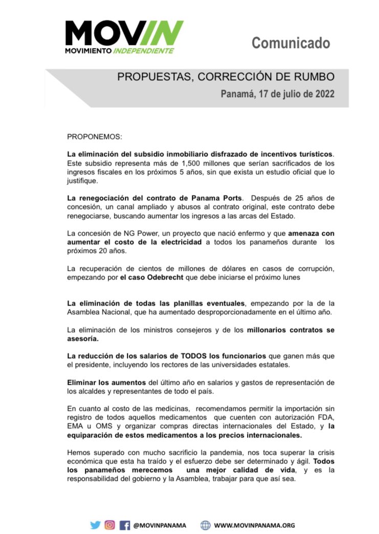 movinpanama's tweet image. Como movimiento enfocado en Transparencia, Institucionalidad y Participación Ciudadana, instamos al gobierno y la Asamblea a acabar con la improvisación y la irresponsabilidad y adoptar las siguientes medidas para hacer frente a los subsidios adicionales que está por acordar.