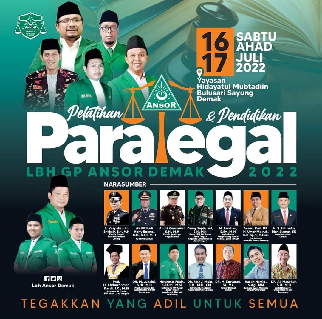 kissrizzer89's tweet photo. "Tegakkan Yang Adil Untuk Semua"

LBH GP @Ansor_Demak gelar pelatihan dan pendidikan Paralegal, kegiatan diikuti 68 peserta dan dilaksanakan di Madrasah Hidayatul Mubtadiin Bulusari Sayung (16-17/07/22) https://t.co/fBwF8tWFdD