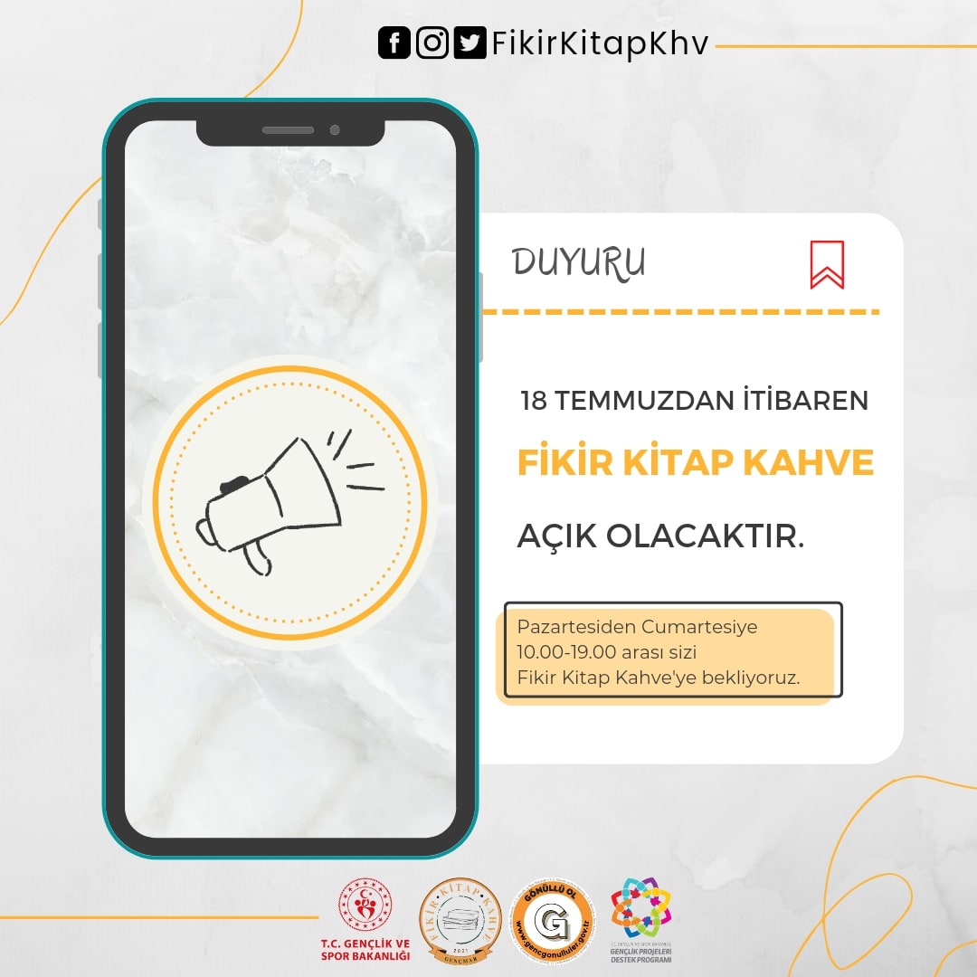 18 Temmuzdan itibaren tekrar buluşuyoruz 😊
.
Pazartesiden Cumartesiye saat 10.00-19.00 arası sizleri Fikir Kitap Kahve'de bekliyor olacağız 😇
.
#fikir #kitap #kahve