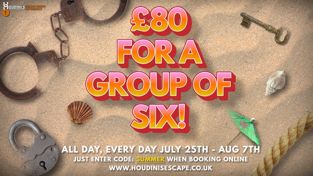 Our hot summer holiday deal is HERE!

Book for a group of 6 and only pay £80!
Just enter code: SUMMER when booking online.
July 25th - Aug 7th.

houdinisescape.co.uk
T’s &amp; C’s apply

#escaperoom #escapegame #summer #vacation #deal #offer #bargain #schoolsout #UK #heatwave