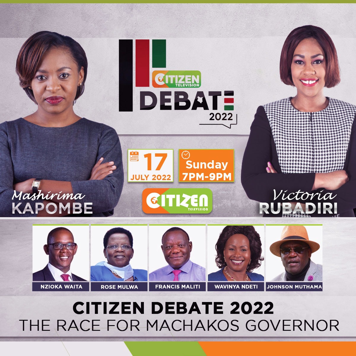 The Machakos gubernatorial race will be live this Sunday from 7pm. Who will convince the voters that they are best placed to succeed Dr. Alfred Mutua? Don't miss this Sundays edition of #CitizenDebates hosted by <a href="/MKapombe/">Mashirima Kapombe</a> &amp; <a href="/VickyRubadiri/">Victoria Rubadiri</a>
 Research Partner:<a href="/ICPAK_Kenya/">ICPAK</a>