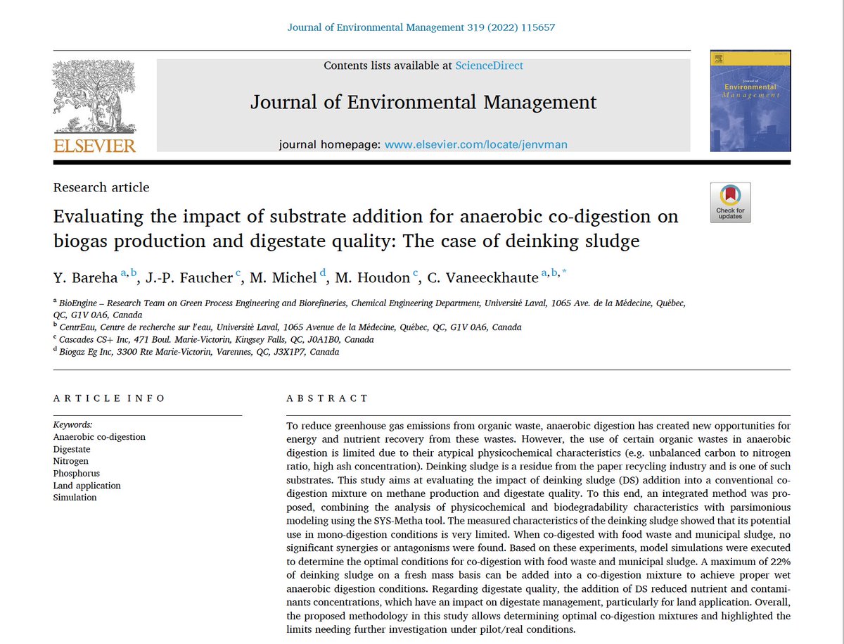 YounesBareha's tweet photo. Check out my last article evaluating #deinking sludge #codigestion, from the process to its application on field as a #fertilizer. This study was done at @universitelaval with @CascadesDD as part of a @MitacsCanada project.
Get your free copy here : https://t.co/FJwuv0rm4E https://t.co/RRrudiZ4Hl