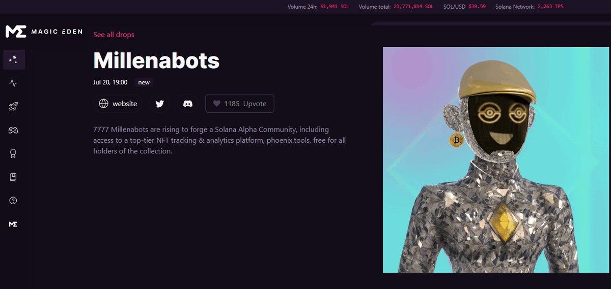 ◇◈◆ Millenabots now listed on <a href="/MagicEden/">Magic Eden 🪄</a>'s Drop Calendar!

Mint date 20th July fast approaching 💨💨

WL members will be entered into raffle with chance to WIN 5 Solana EACH (10 people) 🤯

Turn 🔔 on and join us in discord NOW!
discord.gg/Millenabots
#NFTs #NFTCommmunity