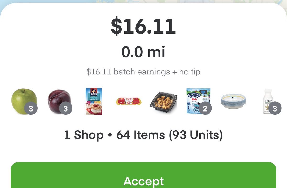 BucsfanForeve's tweet image. Has anyone seen this lately the batch earnings higher &amp;amp;no tip.I mean this just came into my batch screen so either it’s been sitting in others &amp;amp; they decided to go to next group or the app is messed up bc it also shows 0 miles, I saw a few yesterday. #instafail #instacart #broken