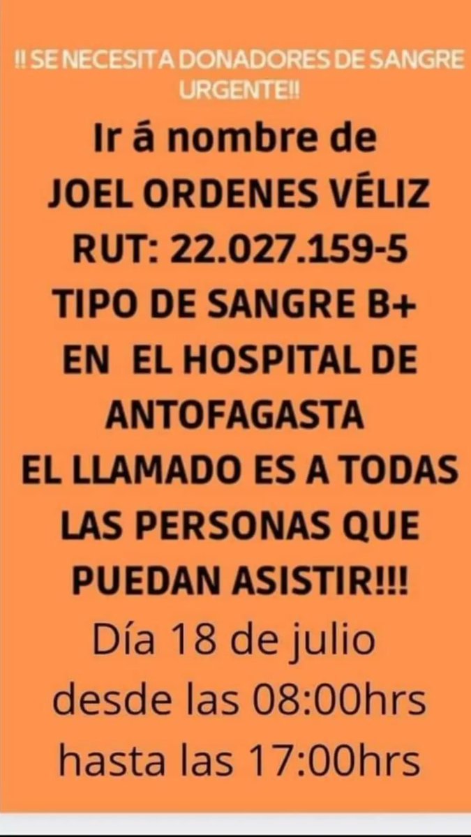 #antofagasta joven de 16 años, fue asaltado y apuñalado en reiteradas oportunidades y se debate entre la vida y la muerte. HOY 17/7 se requieren dadores de sangre en forma URGENTE, quienes no puedan donar pueden participar en cadena de oración a las 21 hrs y compartir información