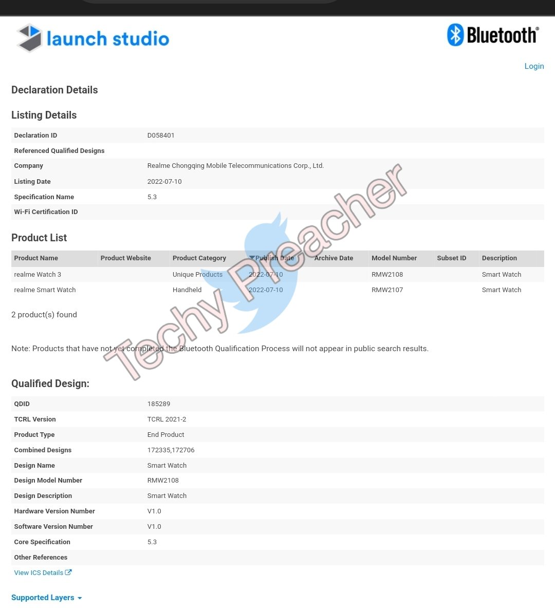 TechyPreacher's tweet photo. Realme watch 3
&
Realme Smart Watch
Spotted on the Bluetooth SIG certification.
Models: RMW2108, RMW2107
Will come with Bluetooth v5.3 support.
Launch will be soon 🤔
#Realme #RealmeWatch3
#RealmeSmartWatch https://t.co/yzR3NhJ6il