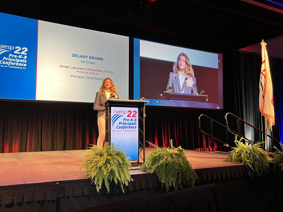 NAESP's tweet photo. Announcing our closing keynote speaker @inkyjohnson is @EKUModel fifth-grader Delaney Brown. The future is bright with young leaders like Delaney. Well done! #NAESP22 https://t.co/Qqa3a6j8x4