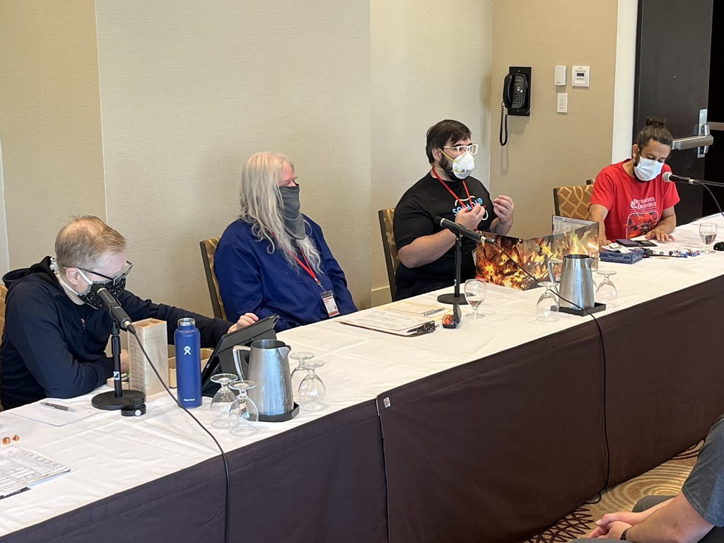 BreakoutCon's tweet photo. Charity game for @questforthecure is under way with our esteemed guest players - @albinokid @TheEdVerse @Siddiqs and GM @FortNerdDotCom - head to the Churchill room to check it out #ttrpg #dnd #forgottenrealms #startrekdiscovery #bitplayas #charity https://t.co/voEkVCHkBJ