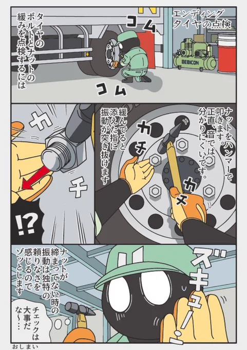 トラックドライバー運行前点検
ナットの緩みは音より振動で 