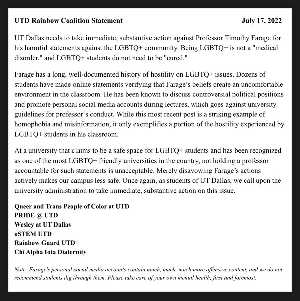 prideutdallas's tweet photo. Statement from PRIDE @ UTD and our friends in the UTD Rainbow Coalition on the recent statements made by CS Professor Farage and the University of Texas at Dallas response. We call upon the university administration to take immediate action on this issue. https://t.co/7EFFpGUNMY