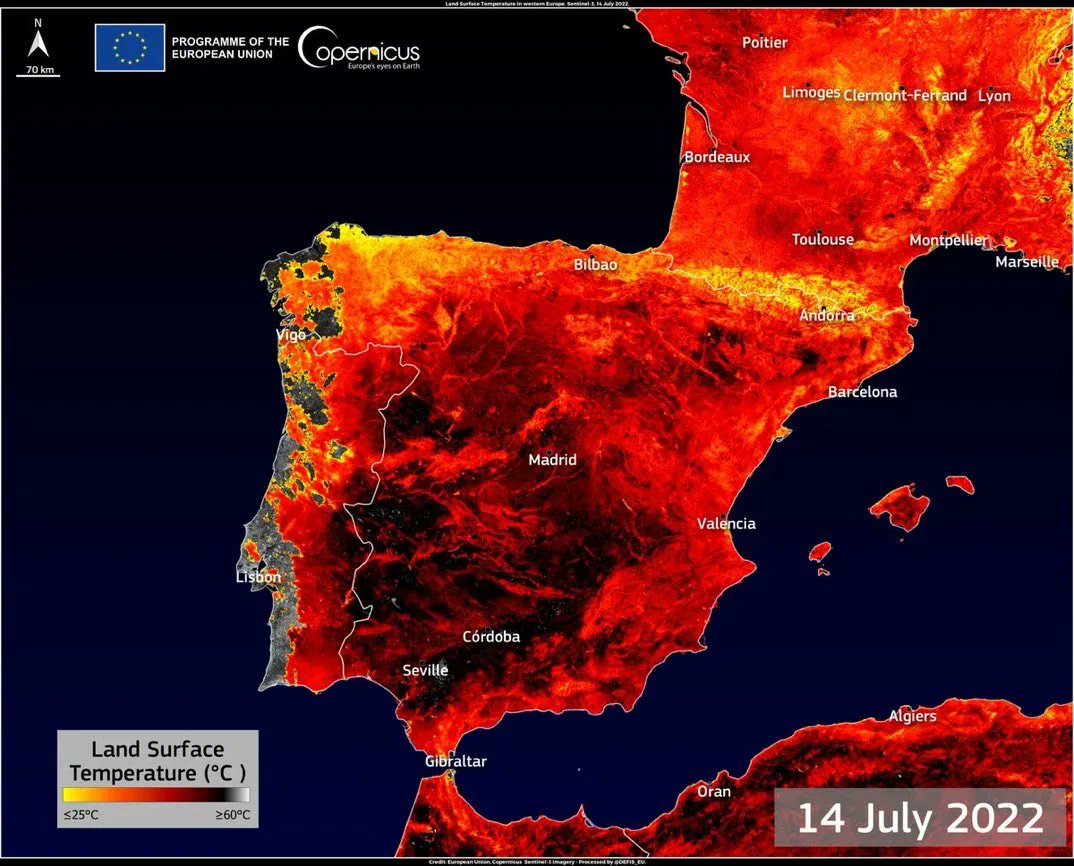 Temperatures of more than 59°C measured on the soil surface in Spain, 48°C in the south on France.. This is not 'just summer'. There is no time to wait. #ActOnClimate #ClimateEmergency #climate #energy #renewables #GreenNewDeal #heatwave