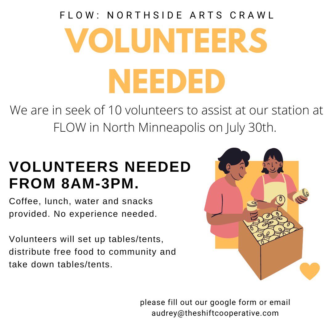 Hey y’all! 

My org <a href="/TheShiftCoop/">SHIFT MPLS</a> will be at <a href="/FLOWNorthside/">FLOW Northside Arts Crawl</a> again this year!

We’ll be offering beginner friendly yoga led by @angelenahmusic &amp; FREE GROCERIES at the event, and we are again asking for volunteers!

Please sign up by emailing: audrey@theshiftcooperative.com

#MPLS