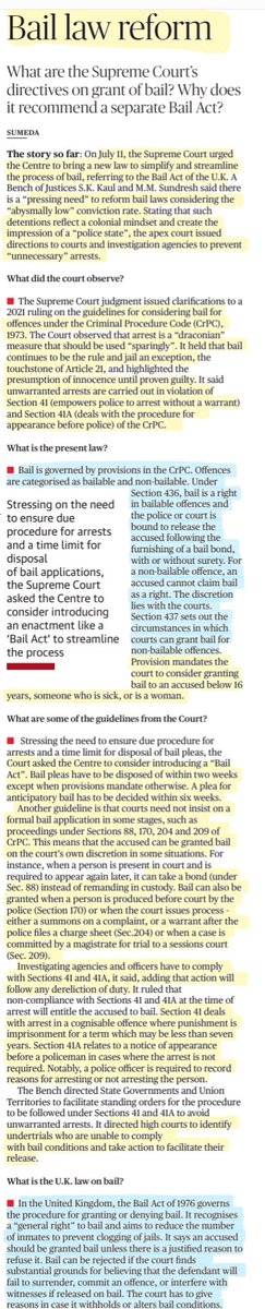 imRavikantYadav's tweet photo. Update
Bail Law Reform
Bail to ne the rule &amp; #Jail to be the exception.
#SupremeCourtOfIndia directives on grant of #Bail ,Why it recommends a separate Bail Act &amp; more info..

#Undertrials #CasePendency #JusticeDenied 

#UPSC #mpsc #currentaffairs https://t.co/876GF7iG8f