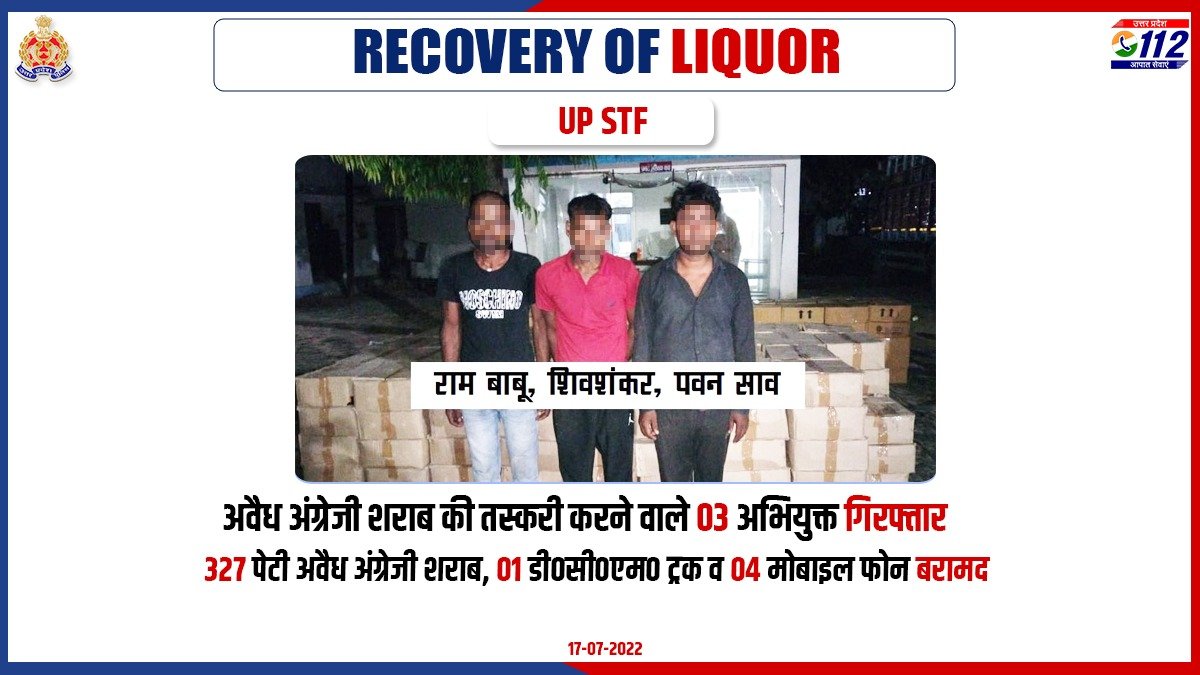 Uppolice's tweet photo. .@uppstf द्वारा अवैध अंग्रेजी शराब की तस्करी करने वाले 03 अभियुक्तों को गिरफ्तार करते हुए उनके कब्जे से 327 पेटी अवैध अंग्रेजी शराब, 01 डी0सी0एम0 ट्रक व 04 मोबाइल फोन बरामद किए गए हैं।
#WellDoneCops
#GoodWorkUPP
#GoodJobSTF https://t.co/l1aLrbheRK