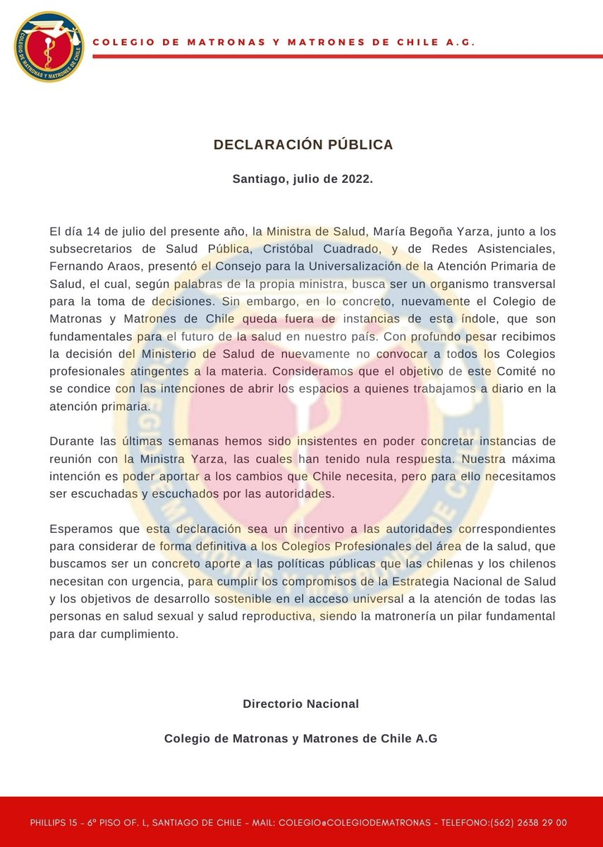 ChileMatrones's tweet photo. 🔴 #DeclaraciónPública respecto a conformación del Consejo para la Universalización de la atención primaria. @begoyarza @ministeriosalud https://t.co/Am390xYz5L