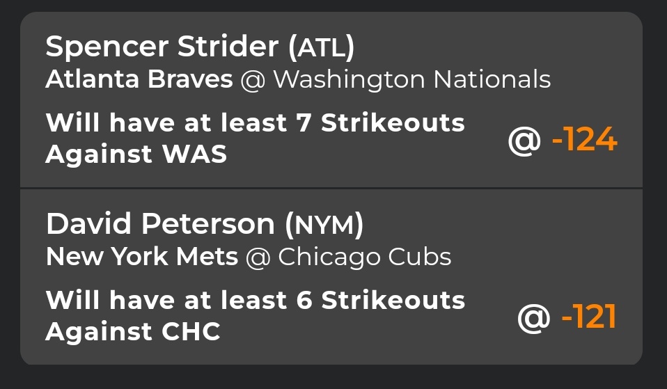 LTBets's tweet photo. ⚾️K Props (7/17)⚾️

Peterson has been racking up the Ks recently, 7+/L5. Strider as well, with 31 K's/L3. 

#GamblingTwitter #FreePicks #MLB https://t.co/HQaiDSt3bV