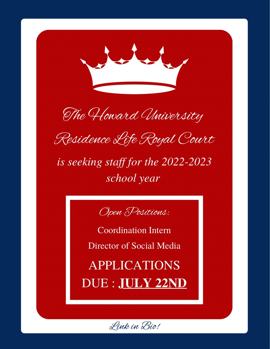 icamlangston's tweet photo. Howard students!
The Howard University Residence Life Royal Court is seeking staff members for the 2022-2023 school year.
Positions are open to all students and pageant experience is not required.
Access the link in my bio to apply!
#ReignWithPurpose https://t.co/2bN3msdMyf