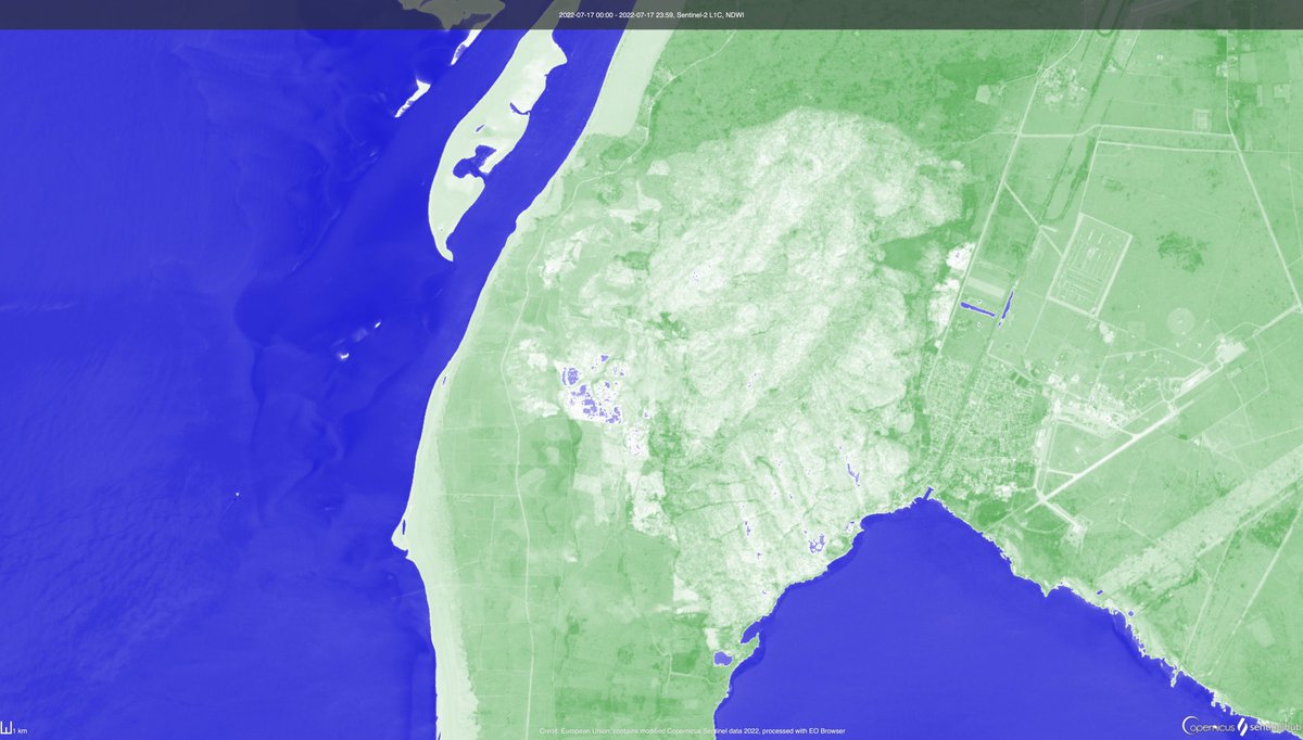 Images satellites de ce jour par Sentinel-2 de l’#incendie de #LaTestedeBuch. Dans l’ordre : vraies couleurs, indice végétation, infrarouge (points chauds) et présence d’eau. #Gironde