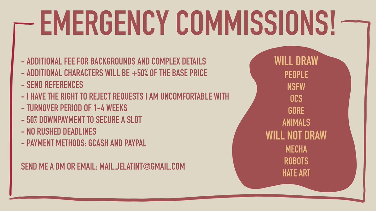 likharte's tweet photo. *EMERGENCY COMMISSIONS OPEN*

I know I haven't been active much but I desperately need some funds in order to get my family's lives together. 

A retweet will be so much helpful and appreciated. Thank you. https://t.co/8XOx9X9ZMO