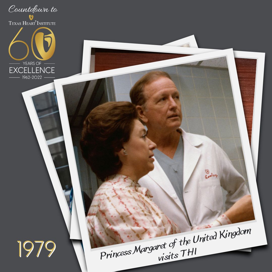 Texas_Heart's tweet photo. 1️⃣7️⃣ Days to 60 Years: #In1979 Princess Margaret of the United Kingdom visits the Texas Heart Institute. Princesses Grace of Monaco, Anne of the UK, and Liliane of Belgium are also among the royalty who have visited Dr. Denton A. Cooley and the institute.
#60YearsOfExcellence https://t.co/murHbGbDWN