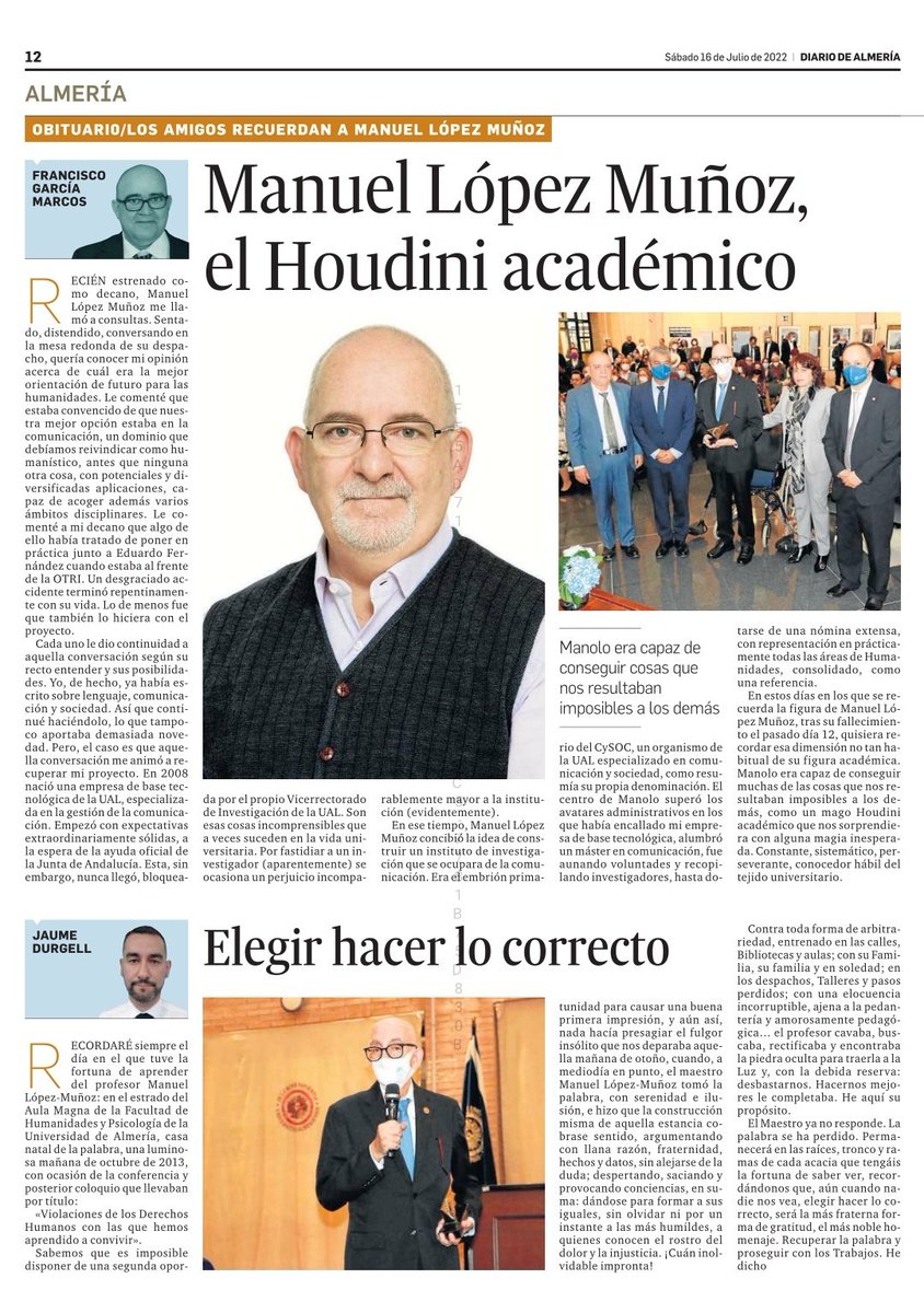 IbnJatima's tweet photo. ¡Infinitas gracias al DIARIO DE ALMERÍA por brindar espacio a la memoria de quien fuera uno sus más queridos colaboradores! El profesor Dr. Manuel López-Muñoz (@manlopez) solía escribir una columna semanal en el @DiarioDAlmeria; pensando en libertad, por escrito y con firma. https://t.co/0A4HSPDMX4