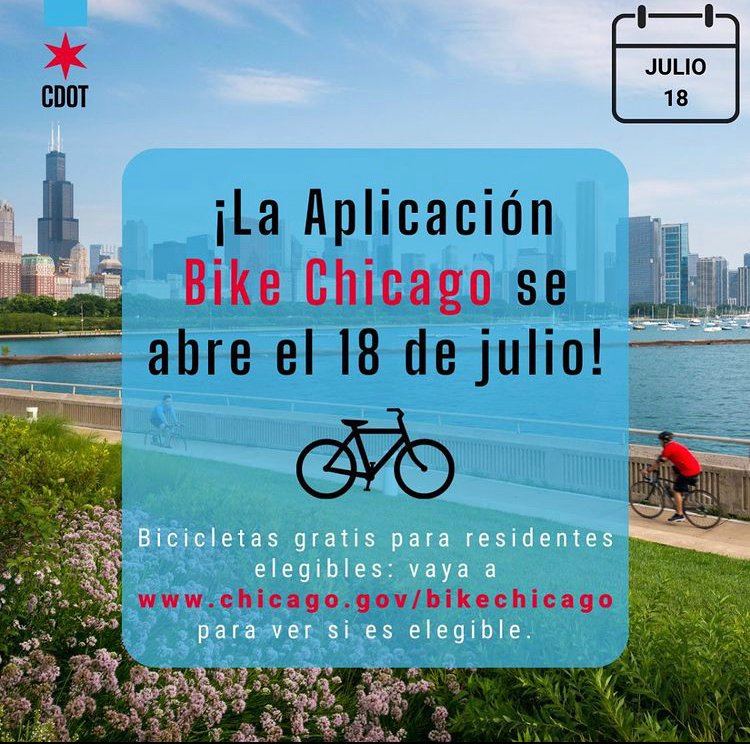 Application LIVE at 11AM! Free bikes to eligible residents. Head over to chicago.gov/bikechicago 
¡Solicitud EN VIVO a las 11AM! La ciudad de Chicago está regalando bicicletas gratis a los residentes elegibles. Visite chicago.gov/bikechicago llenar la aplicación