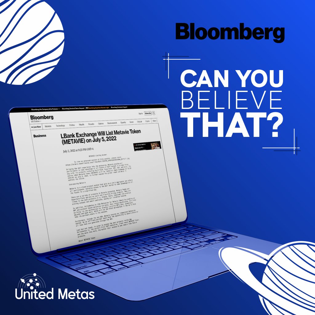 Hey people! 😎

We're happy to tell you that United Metas and Metavie have caught the eye of... 

Can you believe that? 😍

Bloomberg👑

Read now and put your game face on as the take-off is closing! 🚀

bloomberg.com/press-releases…

#BSC #Metavie #DeFi #bloomberg #crypto