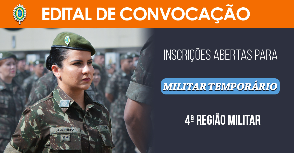 Exército Brasileiro - A 1ª Região Militar continua com as inscrições para  processo seletivo abertas. Mas atenção, o prazo está acabando: encerra-se  ao meio dia de 3 de setembro! As vagas são