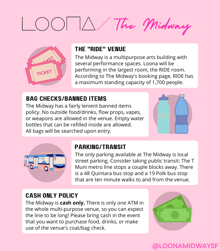 LoonaMidwaySF's tweet photo. Hey there #LoonaSF! We have some infographs for you today! First is some information about The Midway, ranging from its capacity (1700-- so small 😭) to its cash only policy! Next is general concert etiquette-- no throwing stuff at the girls, wear deodorant, etc!
Please share! 💫 https://t.co/kebsCxbCOx