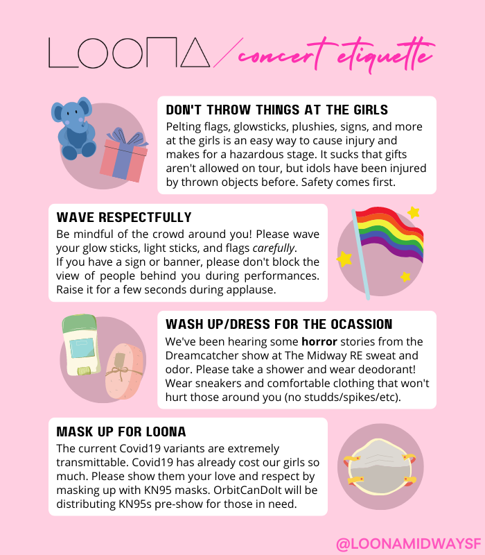 LoonaMidwaySF's tweet photo. Hey there #LoonaSF! We have some infographs for you today! First is some information about The Midway, ranging from its capacity (1700-- so small 😭) to its cash only policy! Next is general concert etiquette-- no throwing stuff at the girls, wear deodorant, etc!
Please share! 💫 https://t.co/kebsCxbCOx
