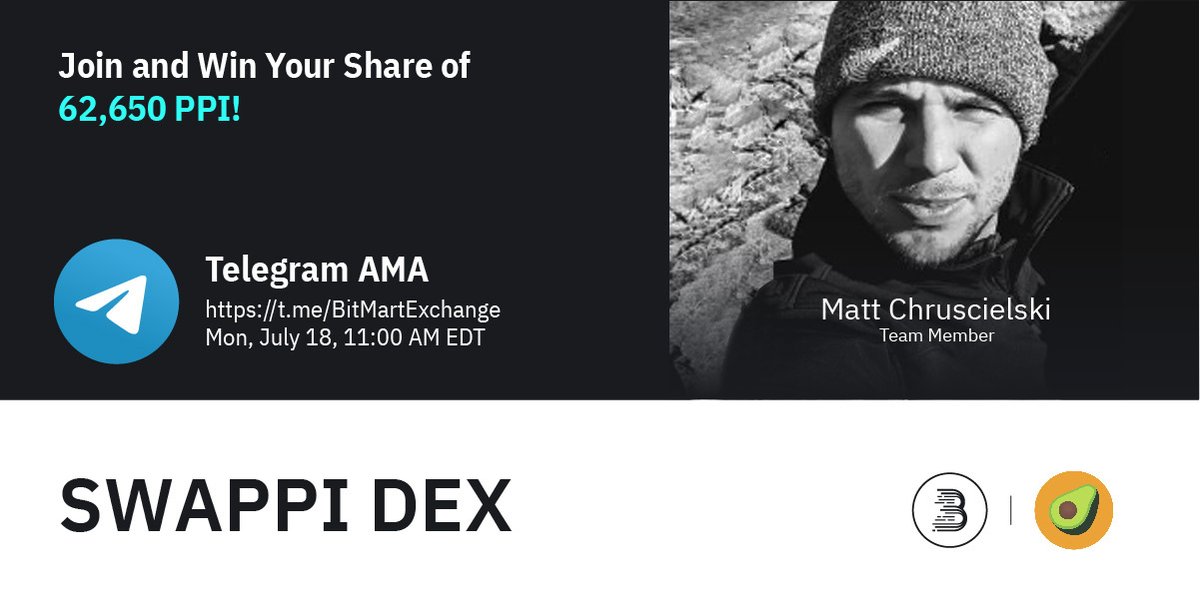🔈Join $PPI at 11 AM EDT on July 18 for AMA! We are pleased to have Matt Chruscielski, the Team Member!

1⃣Follow <a href="/BitMartExchange/">BitMart</a> &amp; <a href="/SwappiDEX/">Swappi</a>
2⃣RT &amp; tag 3 frds
3⃣Join t.me/BitMartExchange
4⃣Fill: forms.gle/JJekJJftJLCpMm…

🔥Win your share of 62,650 PPI!