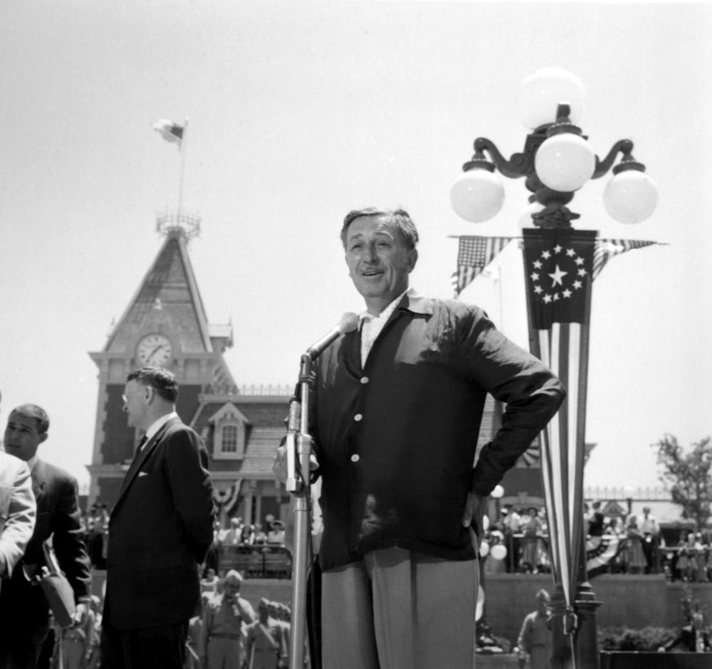 Walt Disney attends Disneyland’s opening day (1955)