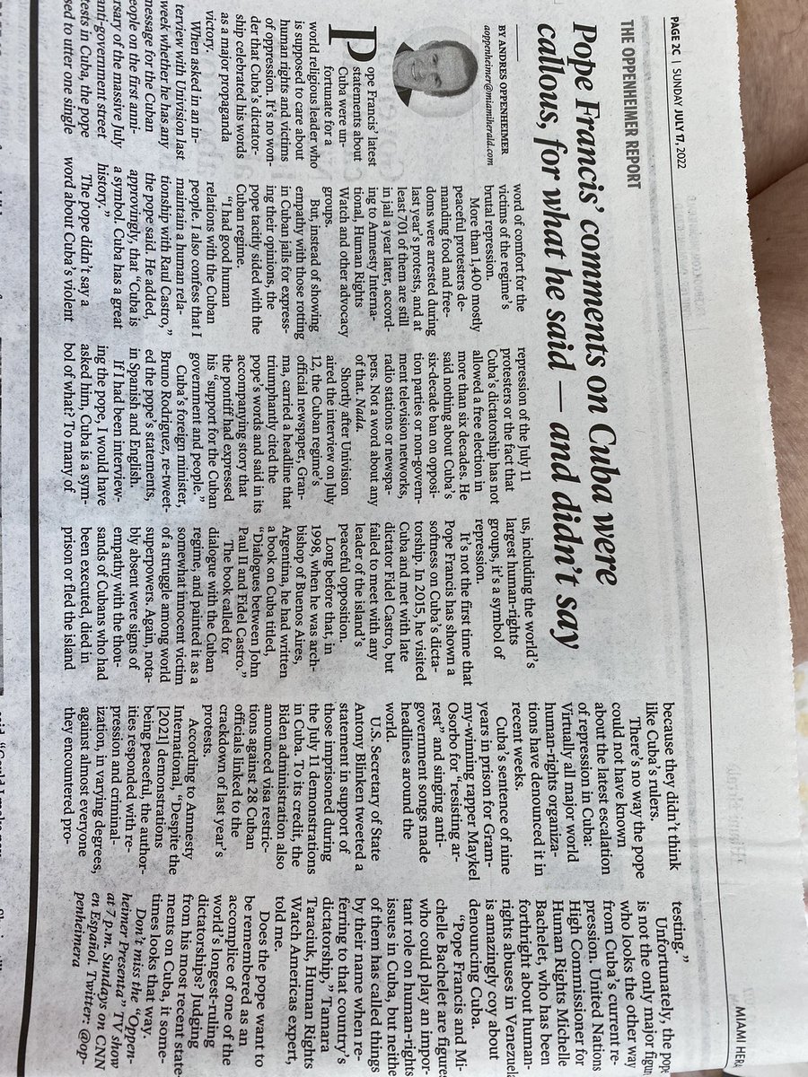 aidalevitan's tweet photo. Read @oppenheimera column in today’s @miamiherald on how the Pope @Pontifex is ignoring the plight of more than 700 July 11, 2021 protesters who are unjustly jailed in Cuba. The Pope also considers Cuba a “symbol”. https://t.co/5t6BPhcAUq