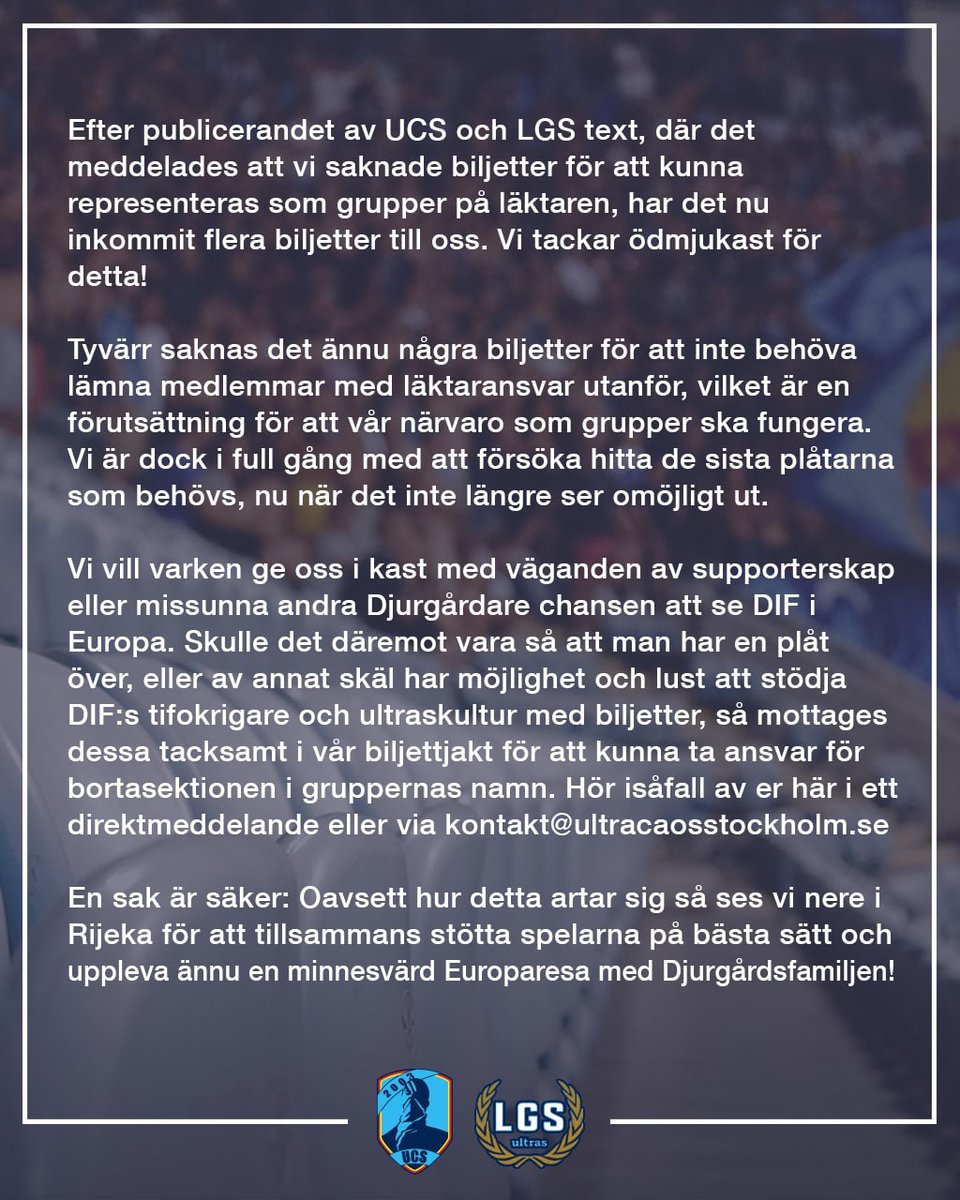 Uppdatering från UCS och LGS om Rijeka borta. Biljetter sökes!