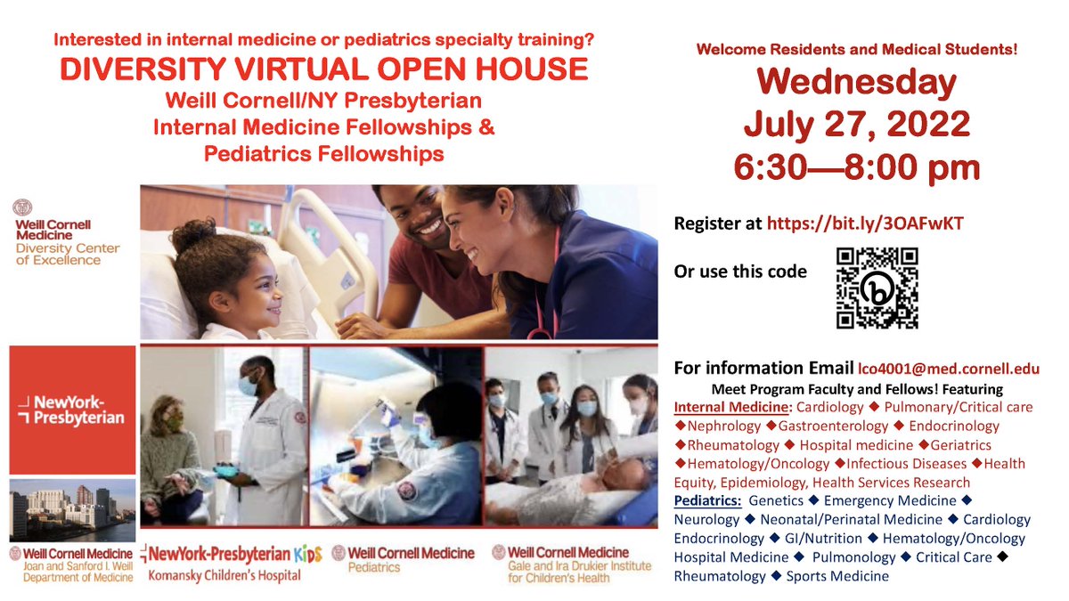 Please RT! Interested in medicine or peds fellowship? Come to our @nyphospital @WeillCornell @WCMDeptofMed @WCMpeds DIVERSITY VIRTUAL FELLOWSHIP OPEN HOUSE 7/27! @SocietyGIM #APDIM @AAIMonline @AmerAcadPeds @SNMA @LmsaNational @NMA_MCMS @NationalMedAssn @NHMA_COR @NHMAmd