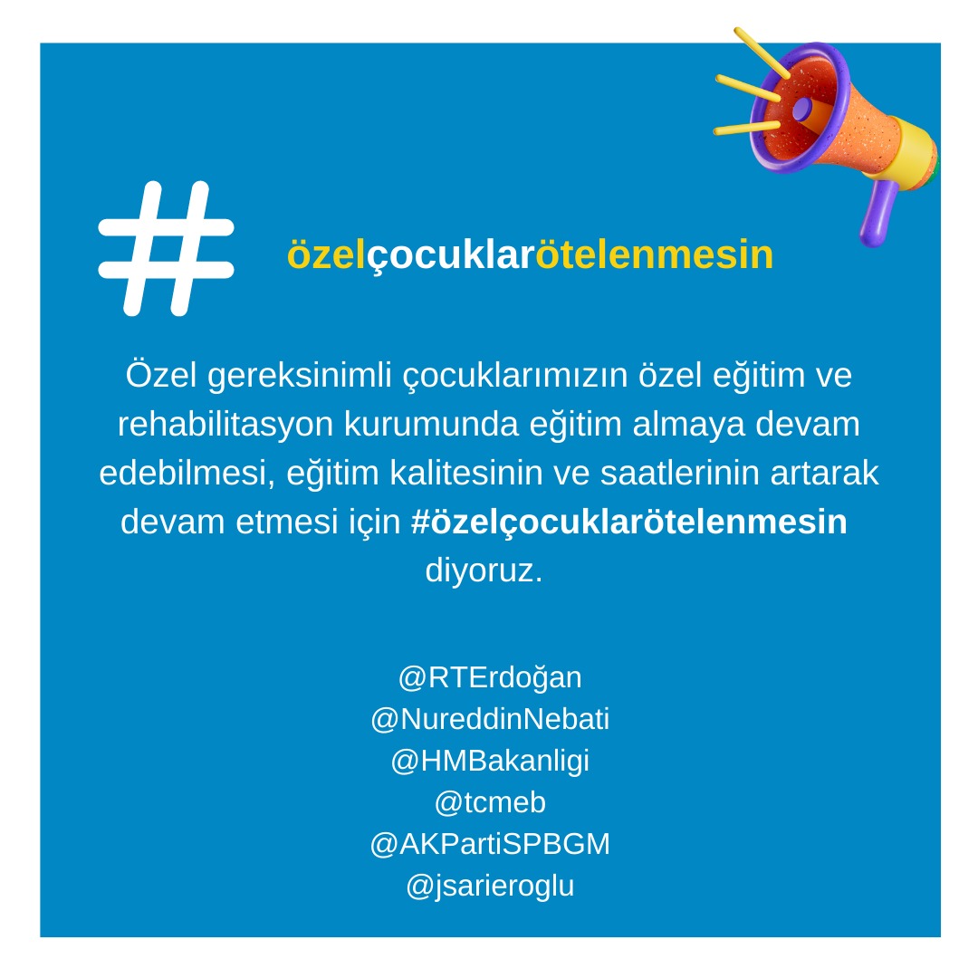 #özelçocuklarötelenmesin
tek şansı eğitim olan özel gereksinimli çocuklarımızın eğitimsizlik yüzünden kaybolup gitmesine izin vermeyin
<a href="/RTErdogan/">Recep Tayyip Erdoğan</a> <a href="/NureddinNebati/">Dr.Nureddin NEBATİ🇹🇷</a>  <a href="/HMBakanligi/">T.C. Hazine ve Maliye Bakanlığı</a> <a href="/tcmeb/">Millî Eğitim Bakanlığı</a> <a href="/Akparti/">AK Parti</a> <a href="/AKPartiSPBGM/">AK Parti Sosyal Politikalar Başkanlığı 🇹🇷</a> <a href="/jsarieroglu/">Jülide Sarıeroğlu 🇹🇷</a>  <a href="/todev/">TODEV OTİZM VAKFI/1997</a> <a href="/ocedorgtr/">ÖÇED</a> <a href="/EmineErdogan/">Emine Erdoğan</a> #otizm