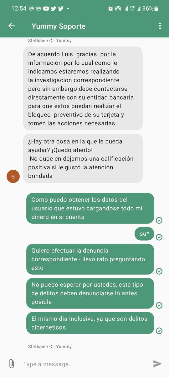 LMillan08's tweet photo. Wow... alguien robó los datos de mi tarjeta para cargarse $100 a su cuenta de @PideYummy; y cuando reporto el hecho y pido la cédula del usuario para denunciarl@, se niegan a darla y cierran el chat.

De bolas, ya ellos cobraron la plata... hurto sin consecuencias en esta app! https://t.co/EBZVFcEwhx
