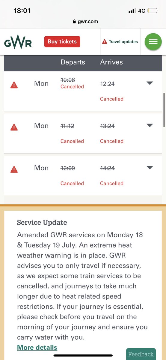 MarieDunaway's tweet photo. @GWRHelp I need to travel Worcester - Paddington on Monday 18/07 National Rail &amp;your app say all trains cancelled? Are any services running? Doesn’t say what the amended timetable is? I don’t want to sit at a station for hours in extreme heat. Can you say which services will run? https://t.co/VGW6eLhHxT