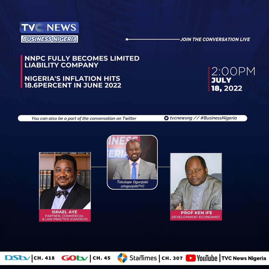Monday’s edition of #businessnigeria will understand the role of the NNPC in achieving energy security as the corporation becomes a limited liability company, later to inflation rate for the month of June 2022. <a href="/tvcnewsng/">TVC News</a> <a href="/NBS_Nigeria/">NBS Nigeria</a> <a href="/nnpclimited/">NNPC Limited</a> <a href="/cenbank/">Central Bank of Nigeria</a> <a href="/FinMinNigeria/">Federal Ministry of Finance</a> <a href="/FMPRng/">Ministry of Petroleum Resources, Nigeria</a>