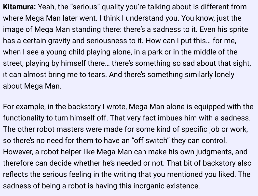 Protodude's tweet photo. My favorite quote about Mega Man from creator Akira Kitamura. https://t.co/HDJuP09XgH https://t.co/o7H9MemZBi
