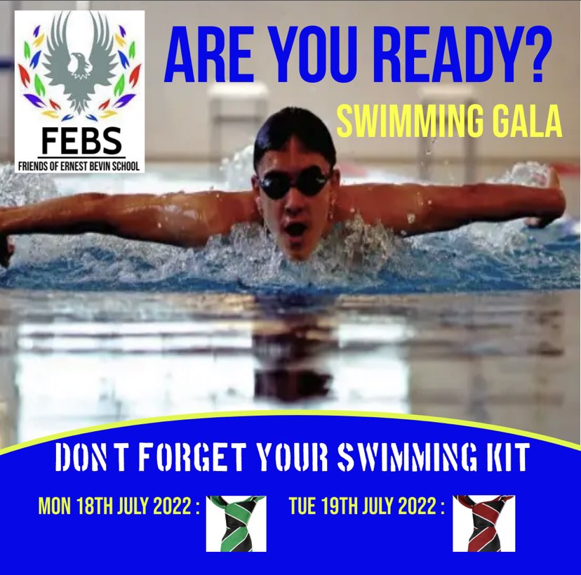 FEBSSW17's tweet photo. 🔊 Wishing all @ernestbevincoll students & @EBCPE staff a great #SportsDay🏅🔆
Stay safe, stay cool & stay hydrated!🥤
.
#SwimmingGala 🏊♂️| #UKHeatWave | #SummerTerm | #Swimming | #Tooting | #Wandsworth | #ItsForTheBoys | #Tooting | #SecondarySchool | #PTA | #Wandsworth | https://t.co/LBSbutWWpG