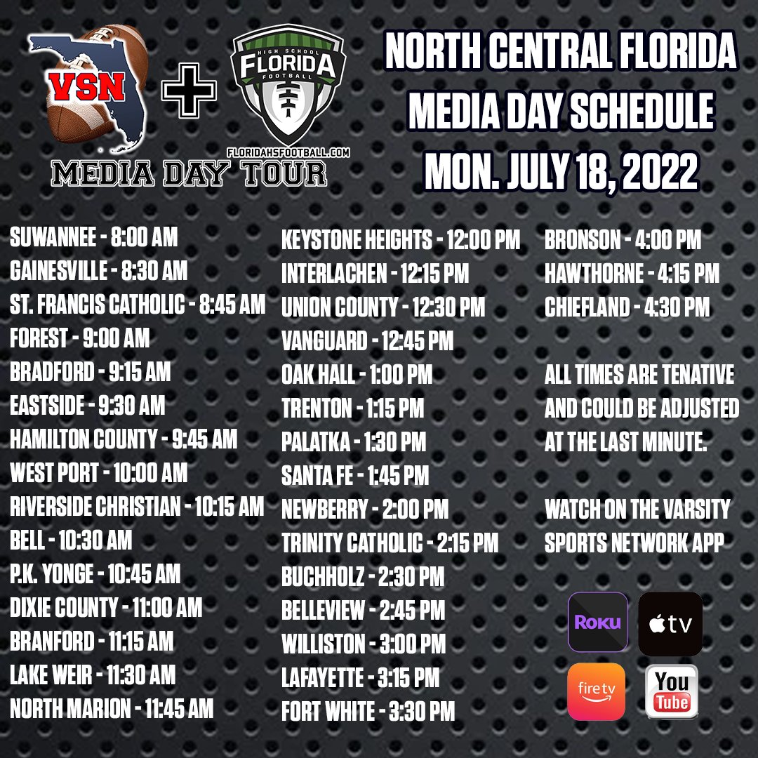 FlaHSFootball's tweet photo. The first of 16 MEDIA DAYS around the Sunshine State tomorrow on the @VSNflorida + @FlaHSFootball Media Day Tour with North Central Media Day in Gainesville at Hotel Indigo. 

Watch LIVE: https://t.co/kcDw6gZO5V

Here is the tentative time schedule for all teams coming tomorrow https://t.co/nwLuiPV0Kx