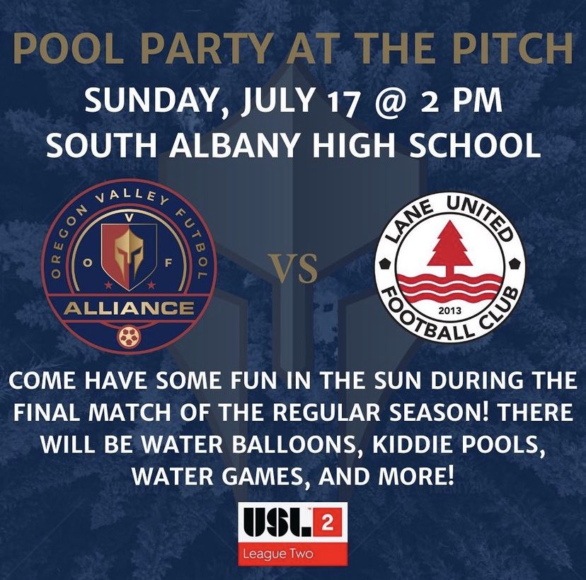 OVFAllianceU23's tweet photo. ⚔️MATCH DAY: LANE UNITED FC🛡

Come join us for a pool party theme at the final @USLLeagueTwo game of the summer as we take on @LaneUnitedFC at 2 pm at South Albany High School! https://t.co/kVDwaslPBC