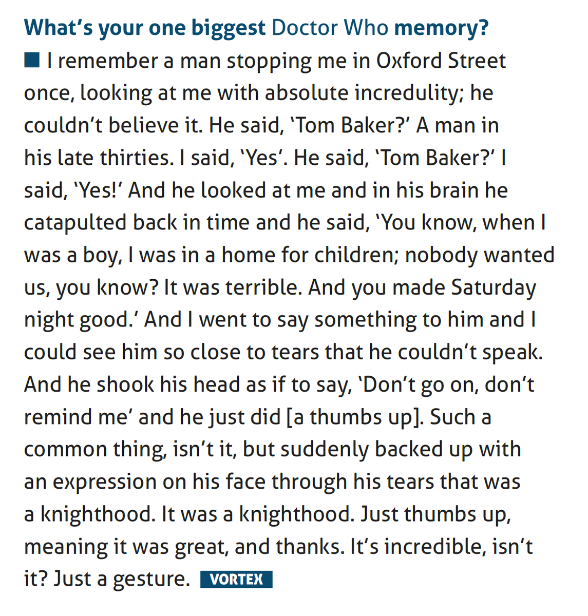 bigfinish's tweet photo. The legend that is Tom Baker. (No, we never get tired of rolling out this story from issue 47 of Vortex magazine.) https://t.co/9eLjNHfA4N