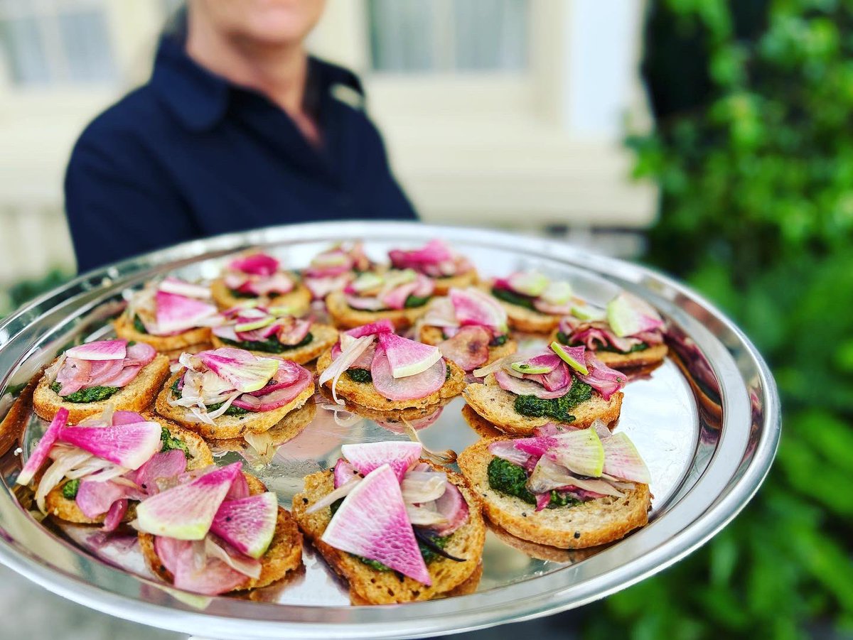 We’ve had quite the busy summer but managed to snag a few pics of our staff bringing out hors d’oeuvres for cocktail hour during Ally &amp; Zach’s wedding last night! Caprese Bruschetta, Beef Negimaki, and Radish Crostini. 🤤🤤🤤