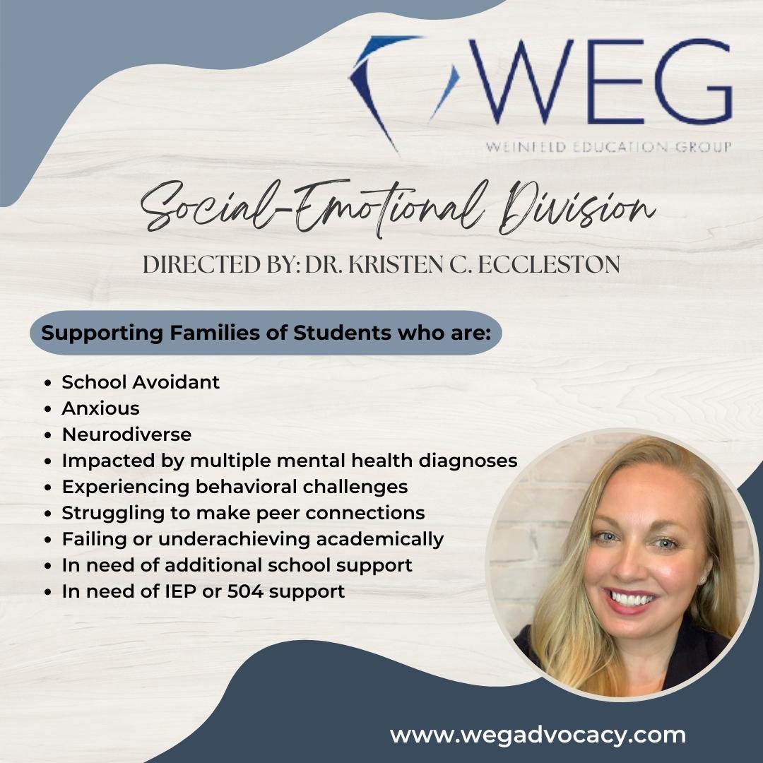 Welcome to our new Director of Social-Emotional Services, Dr. Kristen Eccleston!

Learn more about our #socialemotional services at WEGadvocacy.com. 

#Neurodiversity #Neurodivergent #mentalhealth #IEP <a href="/neurodiv_teach/">Dr. Kristen Eccleston</a> <a href="/NeuroDiverse_T/">Kristen Eccleston</a>