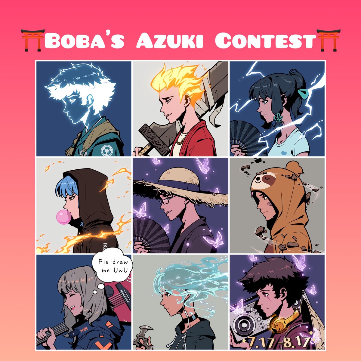 GM—It is time for Boba's <a href="/AzukiOfficial/">Azuki</a> Community Creator Contest!

Win:
1 GRAND Prize: 1 Beanz  + 1 ETH
10 Runner-ups: 1 Twin tigers + 0.1 ETH
∞ Consolation Prizes: 1 bobu

Deadline: August 18

BONUS: 10 people who Like, Follow, &amp; Retweet will get 0.1 ETH!