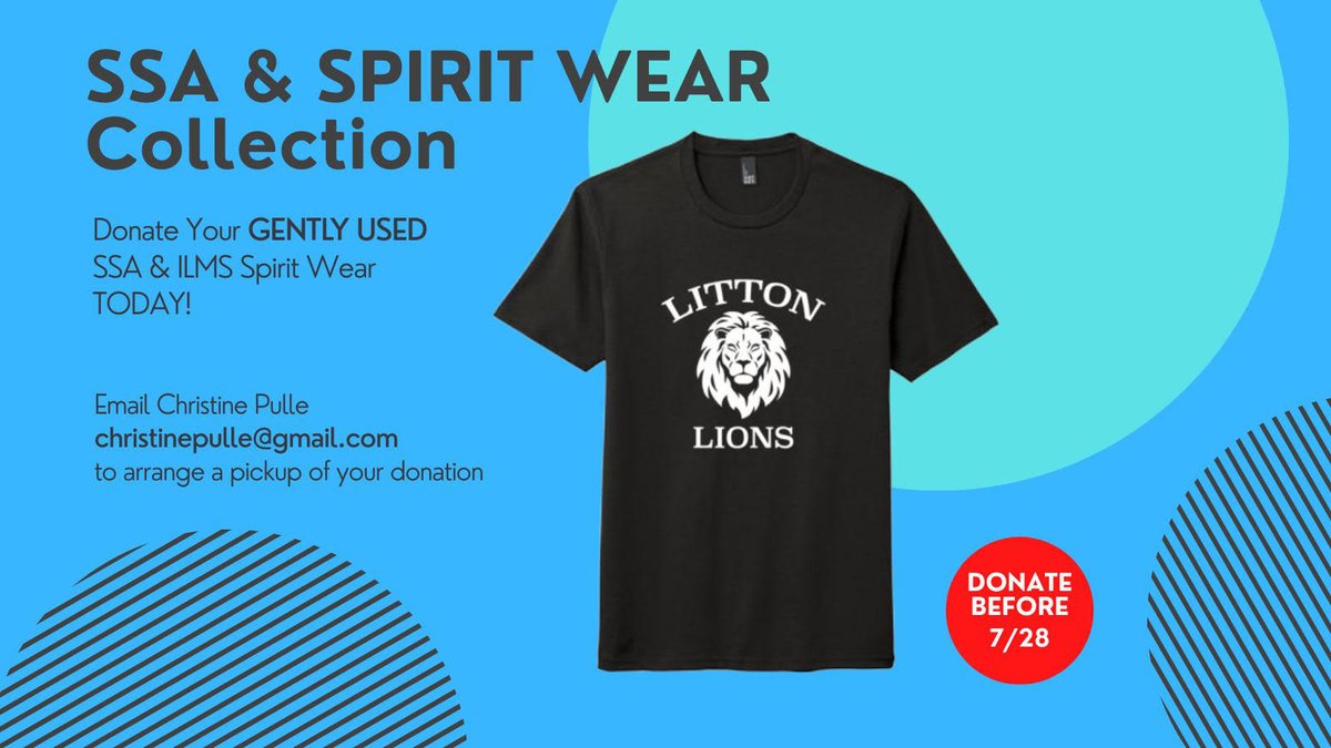 LittonPTSO (@littonptso) on Twitter photo Got some gently used SSA & ILMS Spirit Wear that your student has outgrown?
Email christinepulle@gmail.com to arrange pickup of your donation! Got some gently used SSA & ILMS Spirit Wear that your student has outgrown?
Email christinepulle@gmail.com to arrange pickup of your donation!
