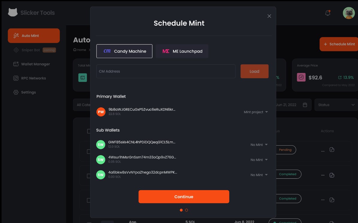 Hello guys!🎉
Check out our Auto Mint tool! Through the tool it is possible to mint any contract that uses Candy Machine, as well as ME LAUNCHPAD😼

•Enter the contract address.
•Choose which wallets will carry out the minting.
•Schedule the date when the mint should happen.
